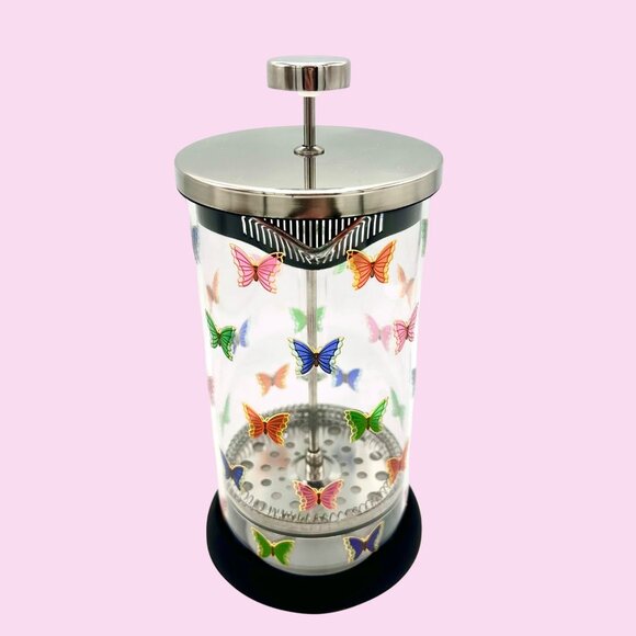 NWT COLORFUL BUTTERFLY GLASS FRENCH PRESS COFFEE MAKER STAINLESS LID/PLUNGER - Picture 3 of 5
